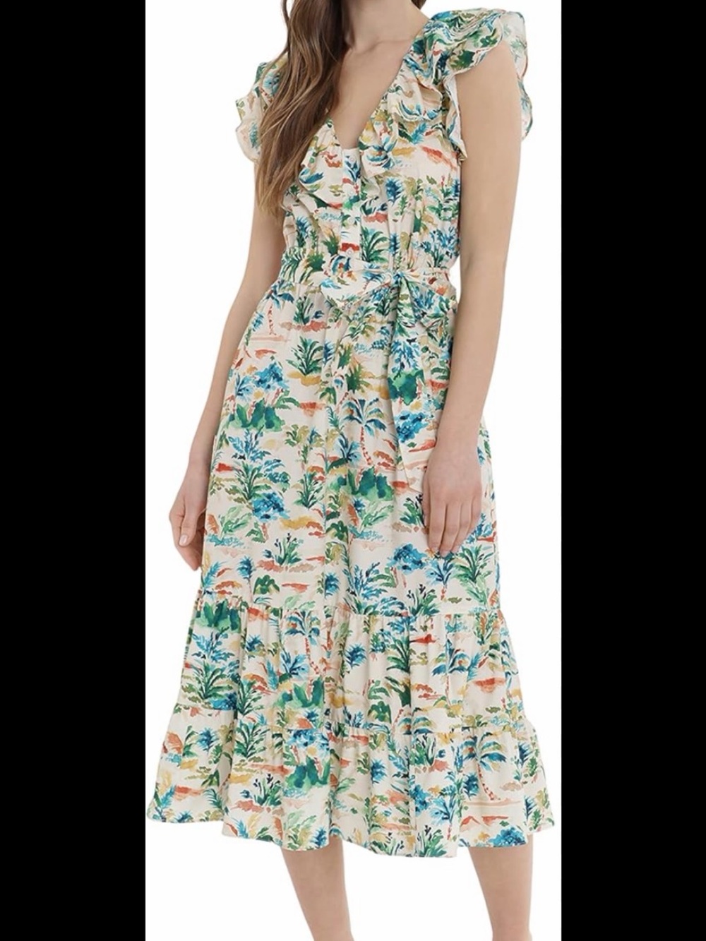 Donna Morgan Mustard Ruffle Tie-Waist Midi Dress